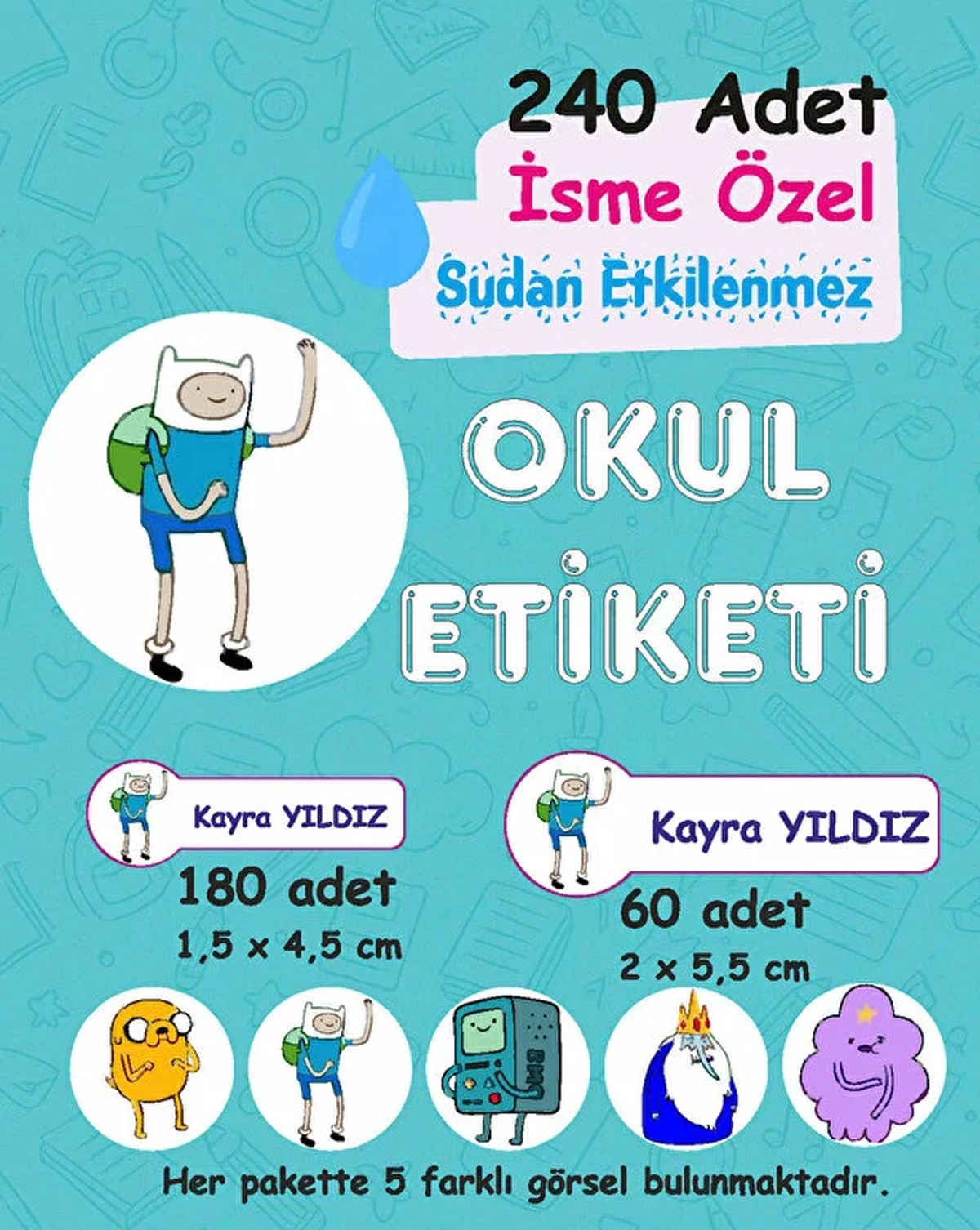 Adventure Time Kişiye Özel Sudan Etkilenmeyen Okul Etiketi