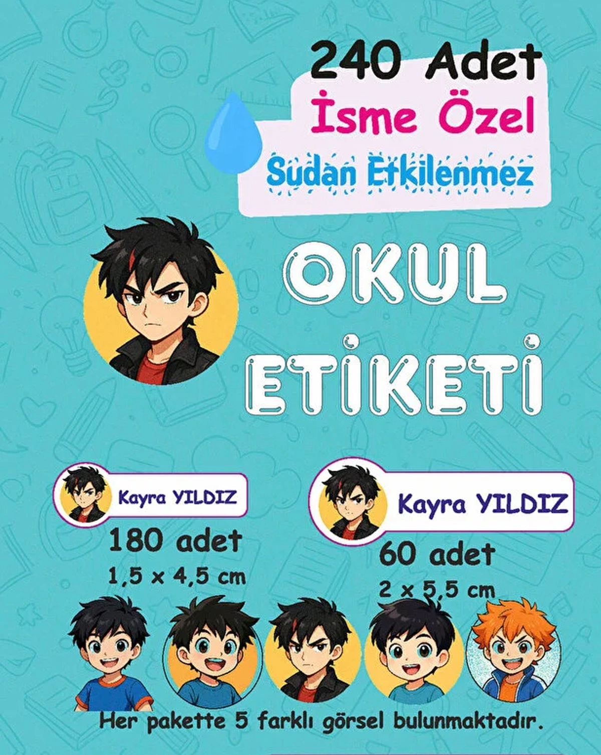 Anime E. Kişiye Özel Sudan Etkilenmeyen Okul Etiketi