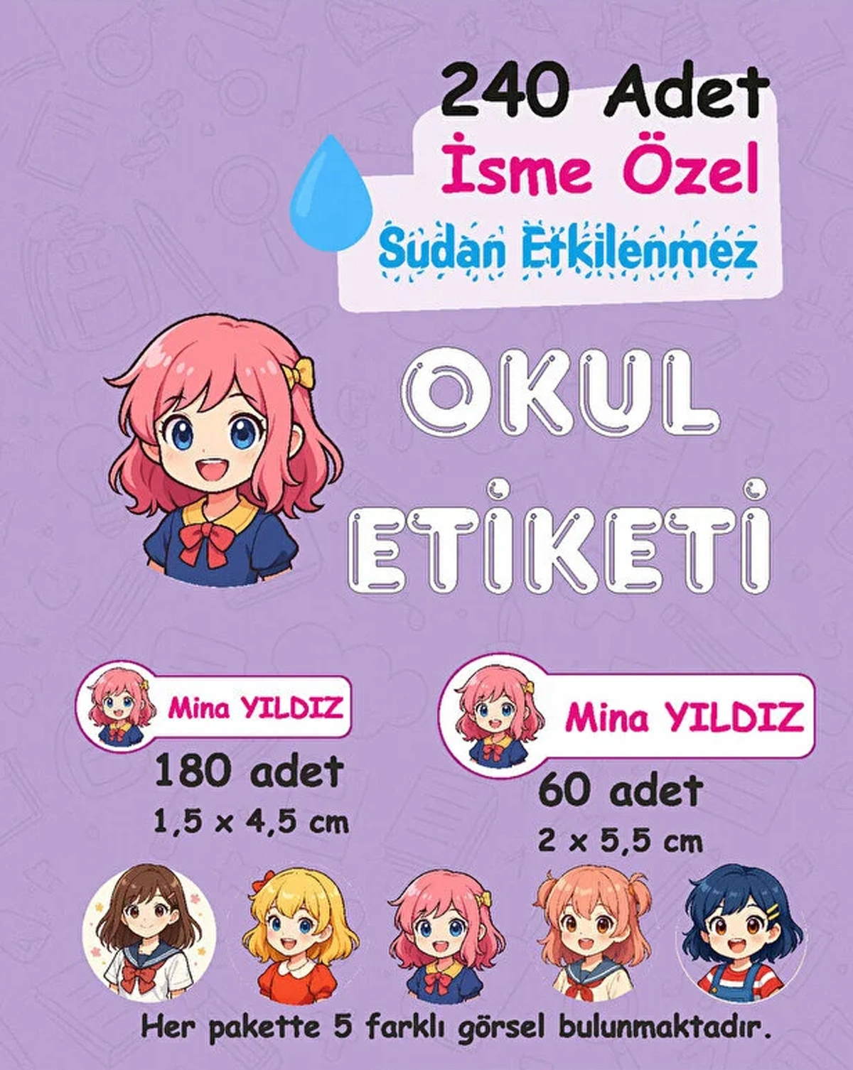 Anime K. Kişiye Özel Sudan Etkilenmeyen Okul Etiketi