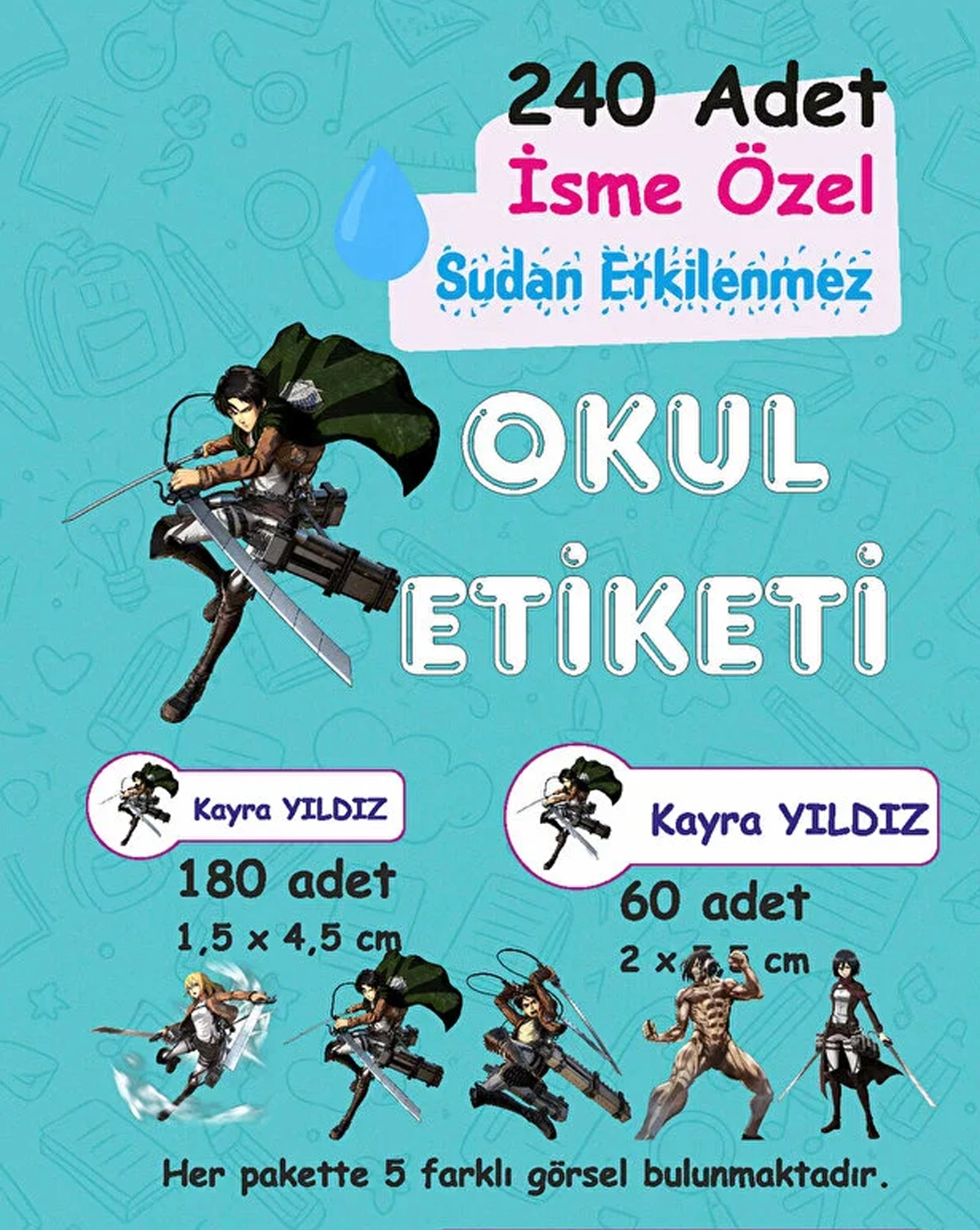 Attack on Titan Kişiye Özel Sudan Etkilenmeyen Okul Etiketi