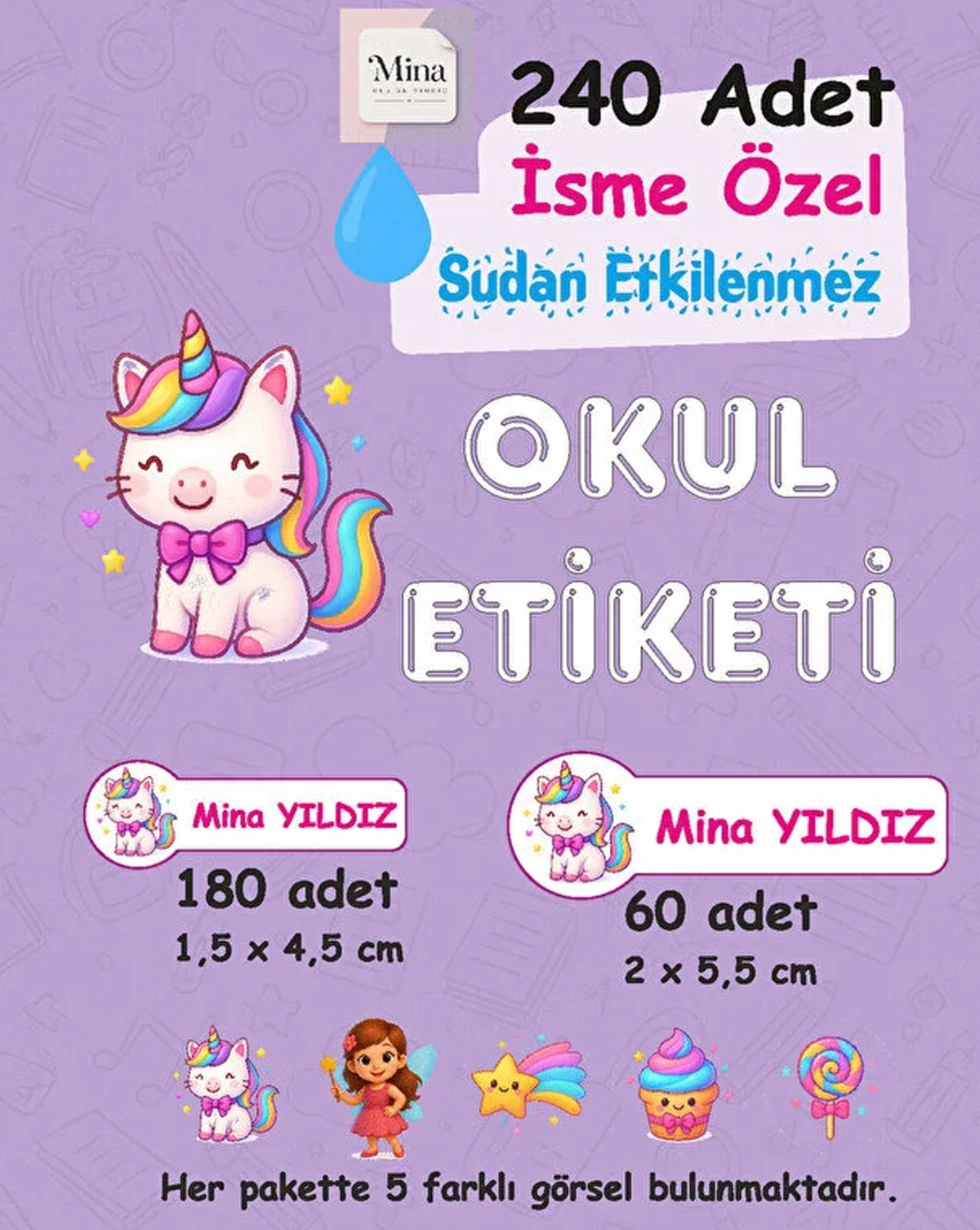 Baby Unicorn Kişiye Özel Sudan Etkilenmeyen Okul Etiketi