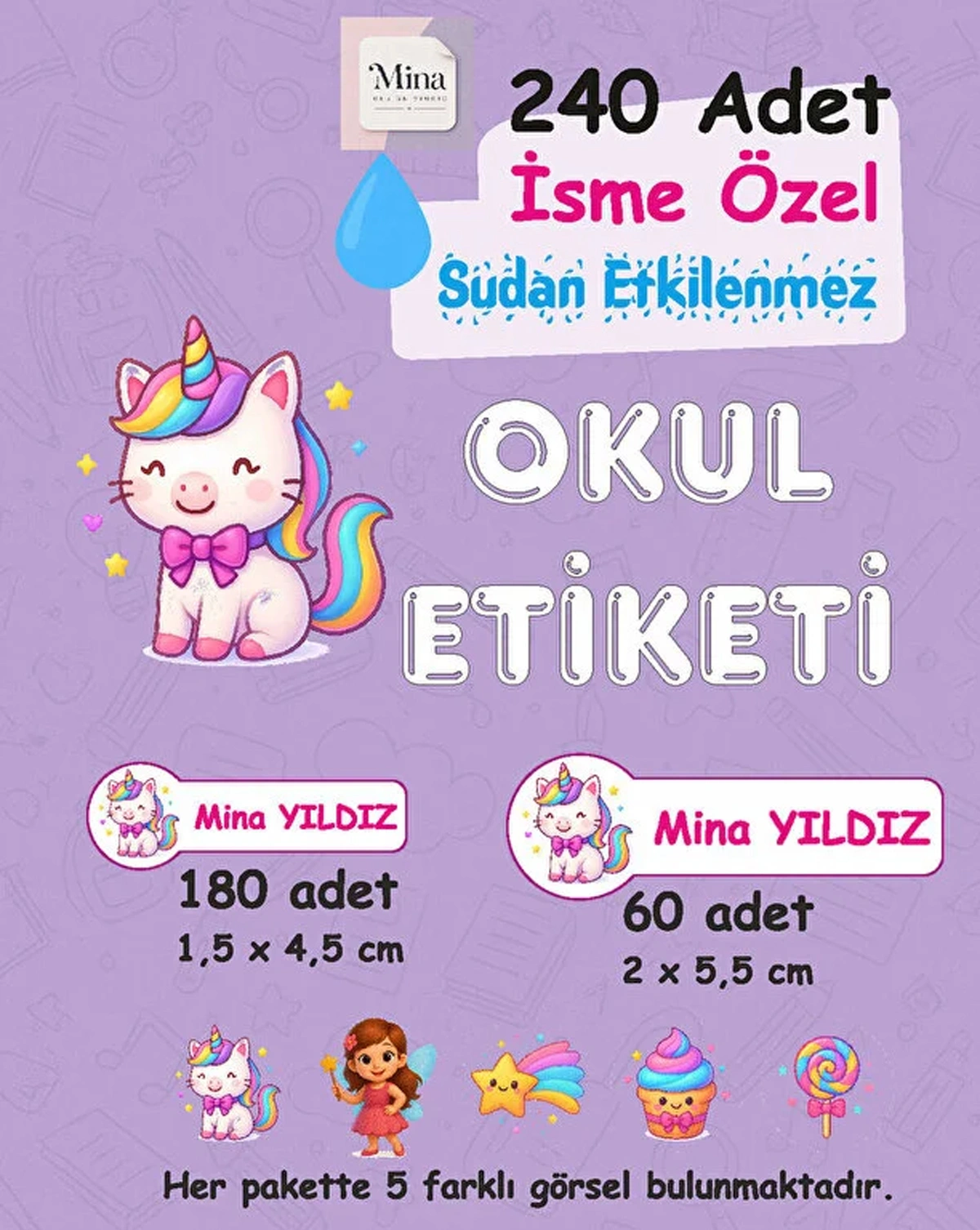 Baby Unicorn Kişiye Özel Sudan Etkilenmeyen Okul Etiketi