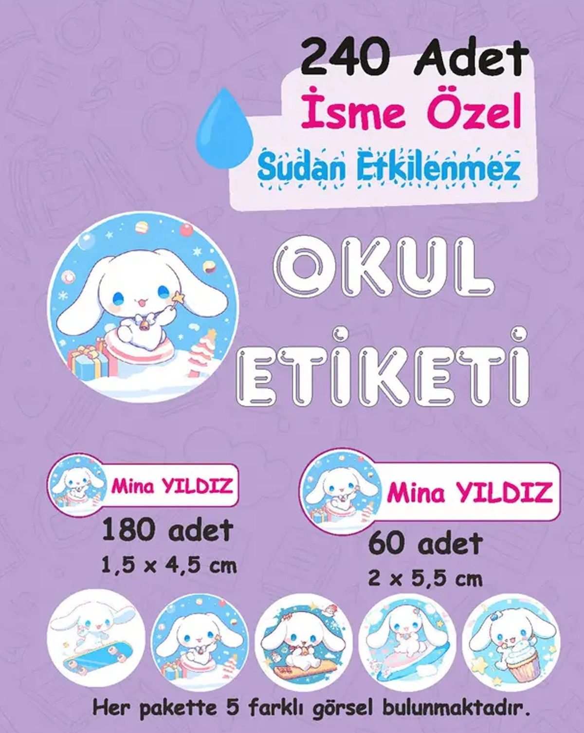 Cinnamoroll Kişiye Özel Sudan Etkilenmeyen Okul Etiketi