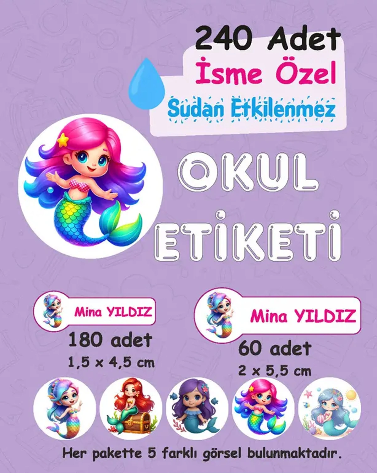 Deniz Kızı Kişiye Özel Sudan Etkilenmeyen Okul Etiketi