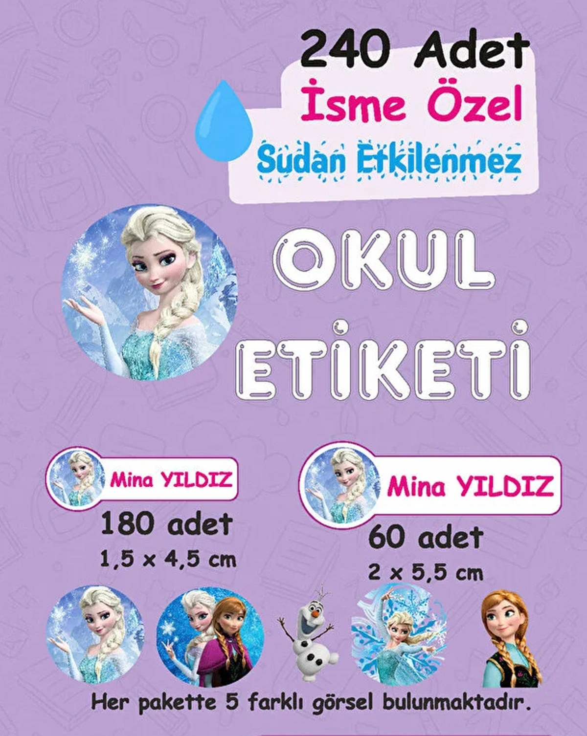 Elsa Kişiye Özel Sudan Etkilenmeyen Okul Etiketi