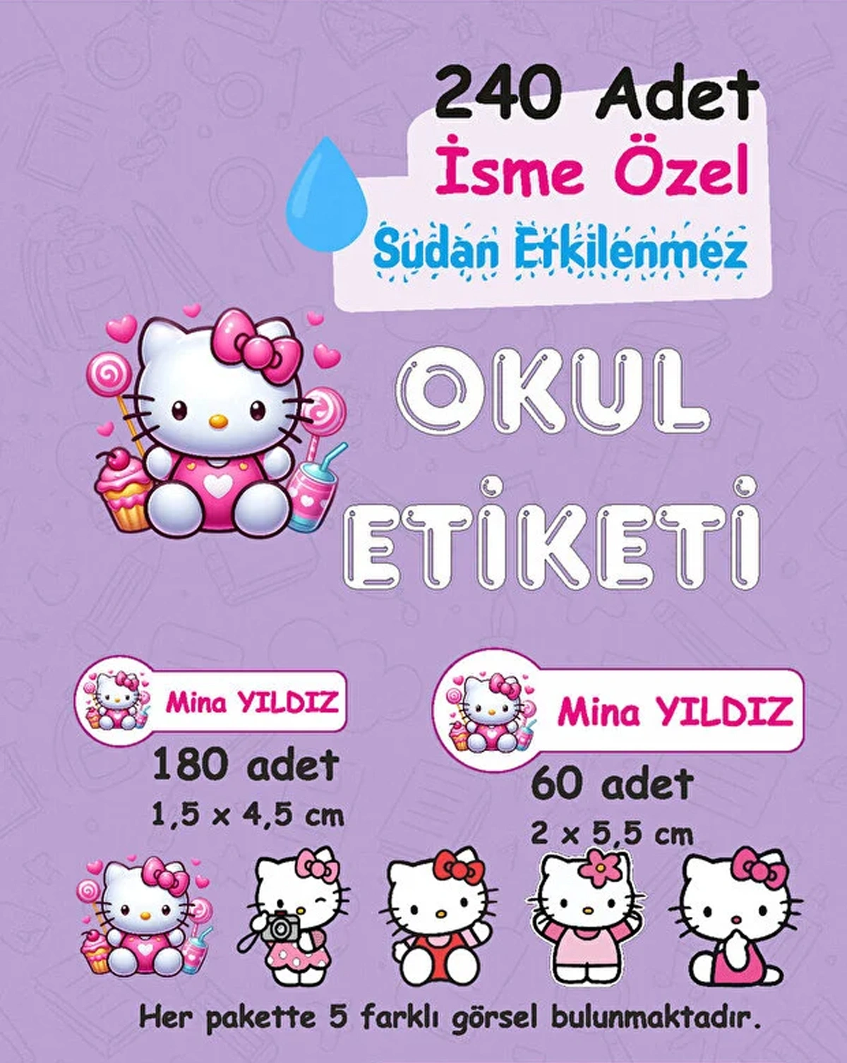Hello Kitty Kişiye Özel Sudan Etkilenmeyen Okul Etiketi
