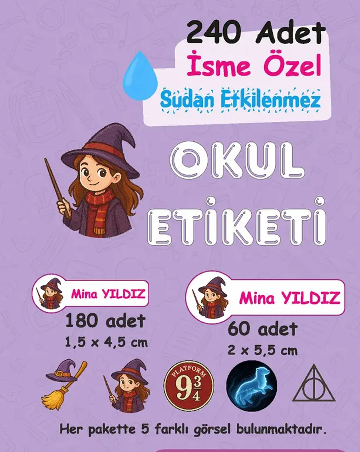 Hermione Kişiye Özel Sudan Etkilenmeyen Okul Etiketi