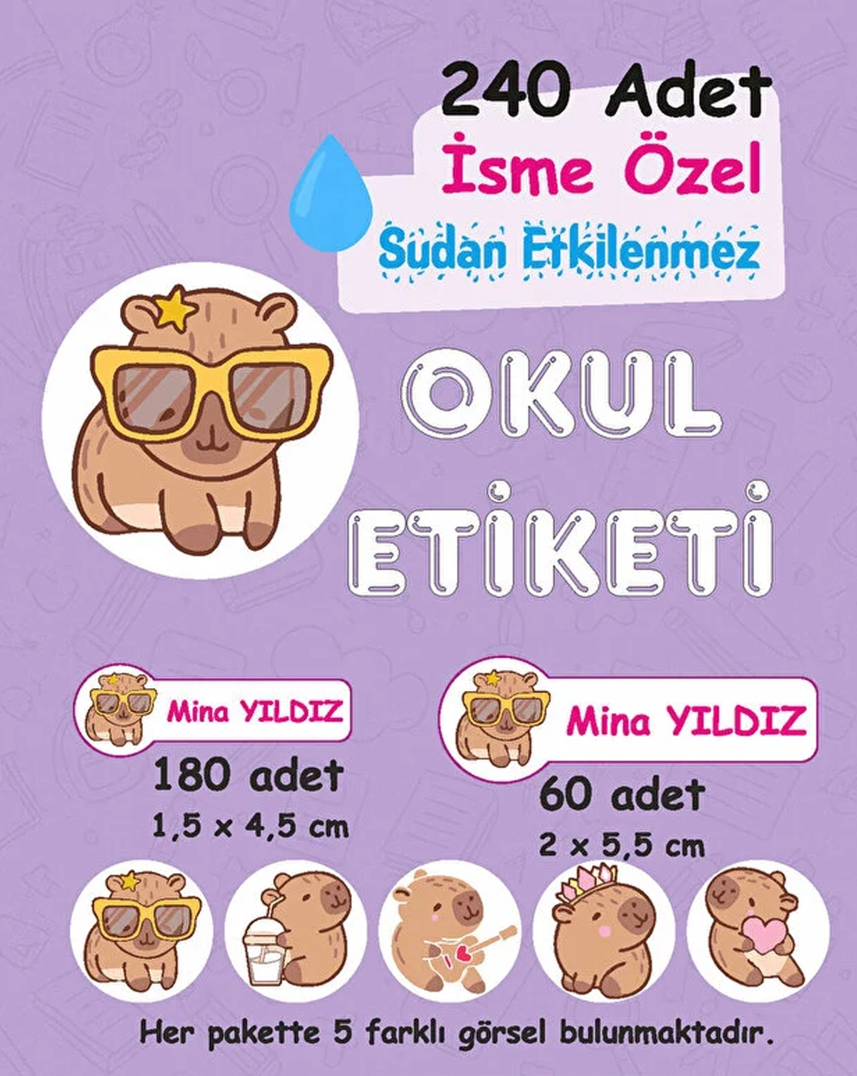 Kapibara Kişiye Özel Sudan Etkilenmeyen Okul Etiketi