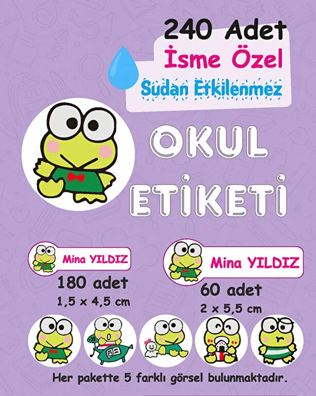 Keroppi Kişiye Özel Sudan Etkilenmeyen Okul Etiketi