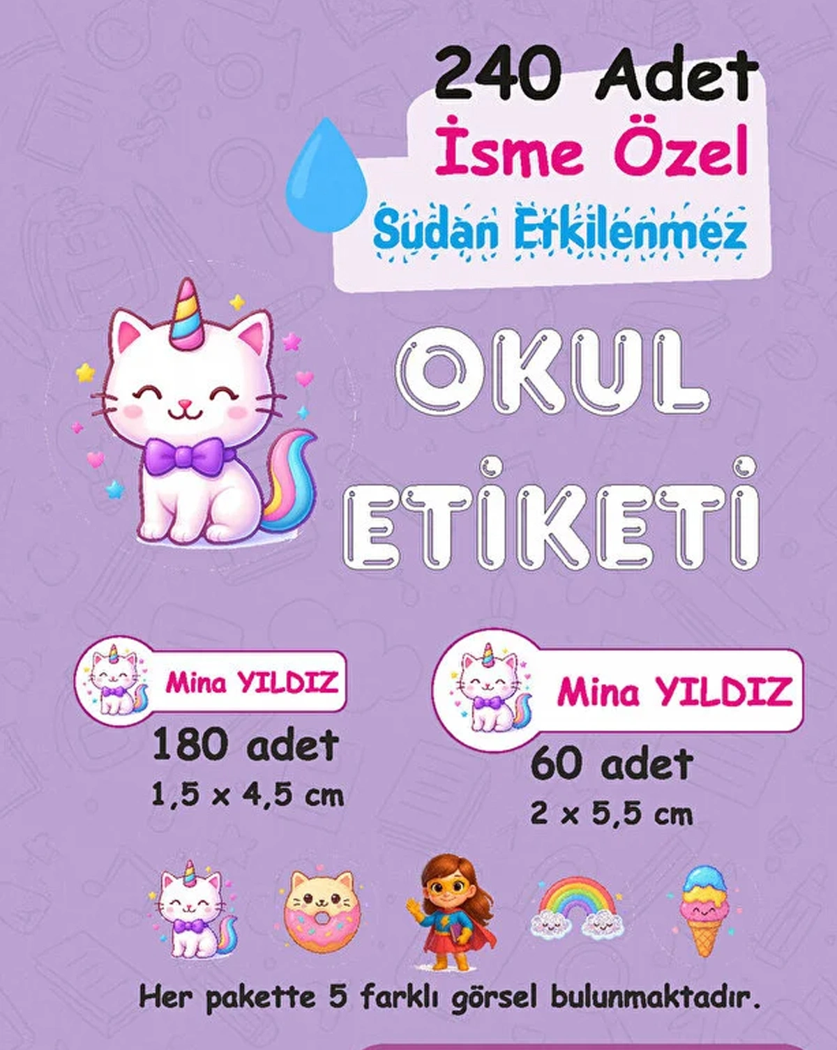 Kittycorn Kişiye Özel Sudan Etkilenmeyen Okul Etiketi