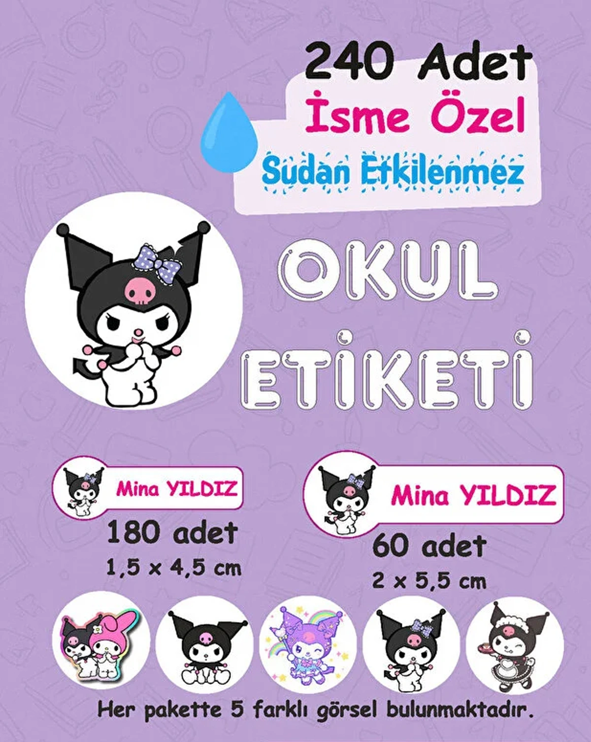Kuromi Kişiye Özel Sudan Etkilenmeyen Okul Etiketi