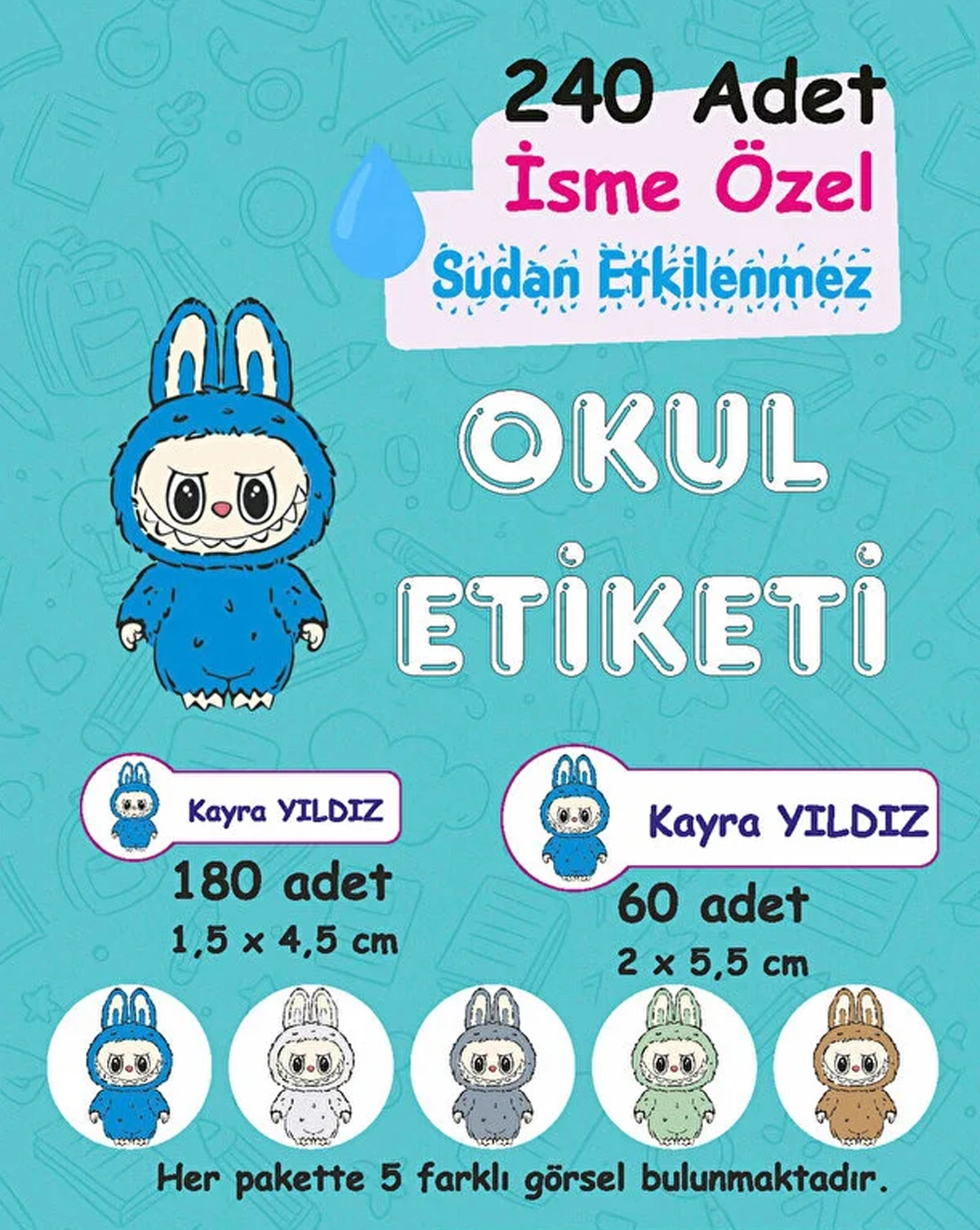 Labubu E. Kişiye Özel Sudan Etkilenmeyen Okul Etiketi