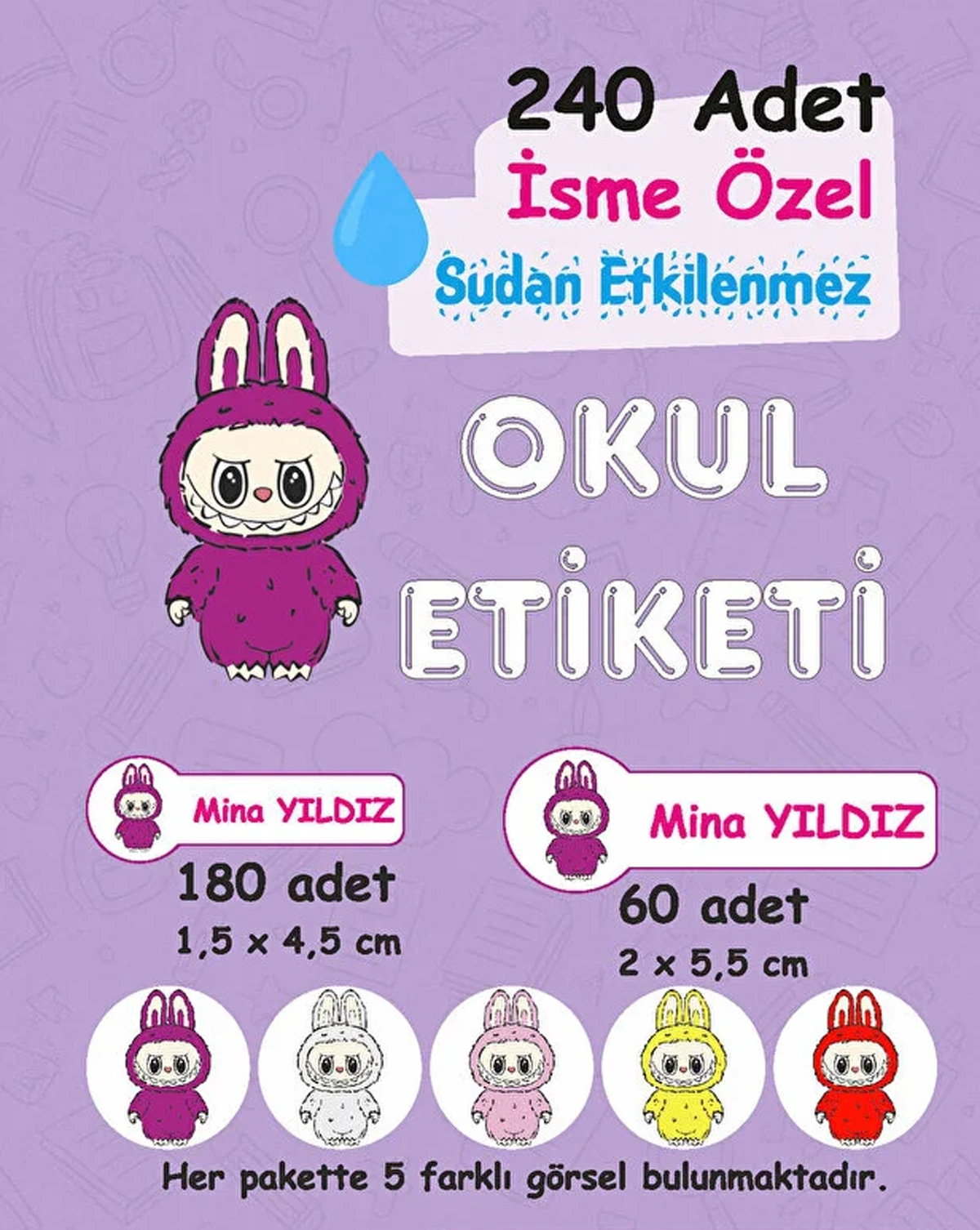 Labubu K. Kişiye Özel Sudan Etkilenmeyen Okul Etiketi