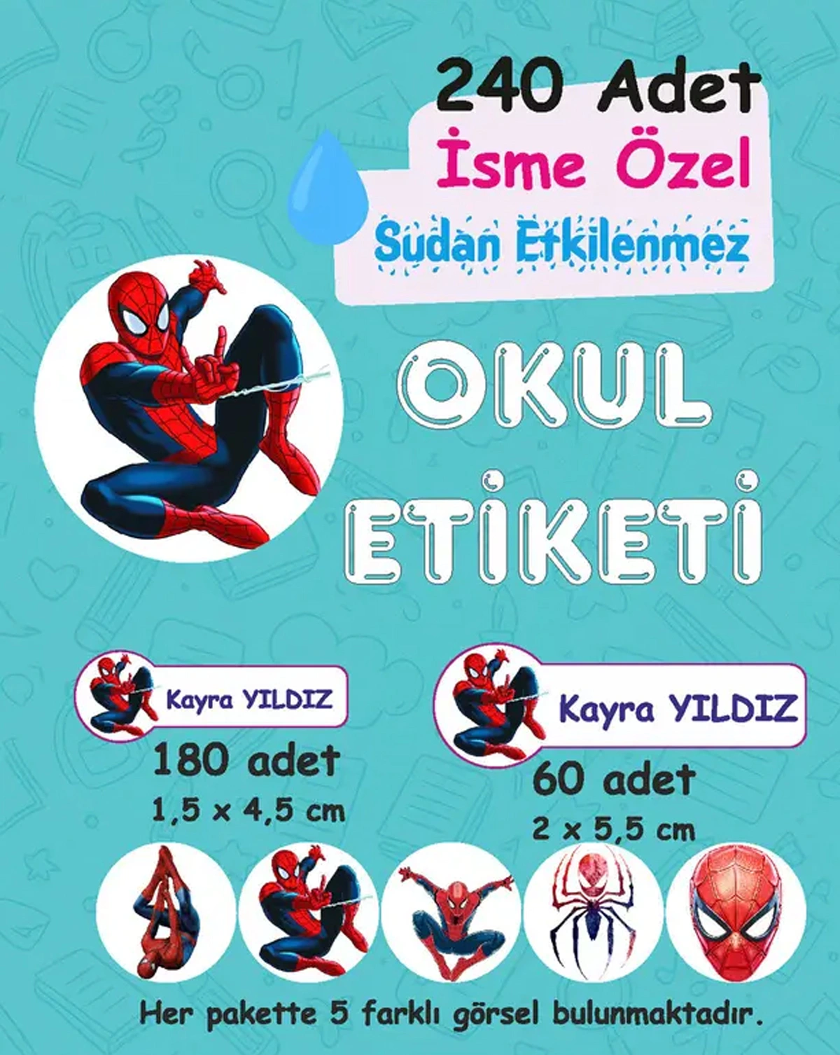 Örümcek Adam Kişiye Özel Sudan Etkilenmeyen Okul Etiketi