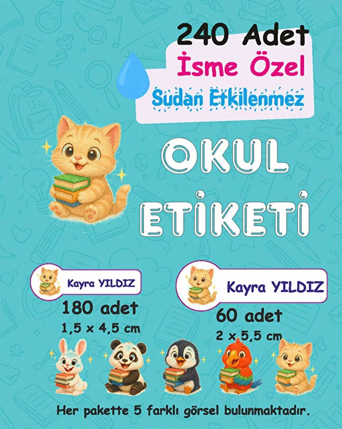 Panda ve Arkadaşları Kişiye Özel Sudan Etkilenmeyen Okul Etiketi