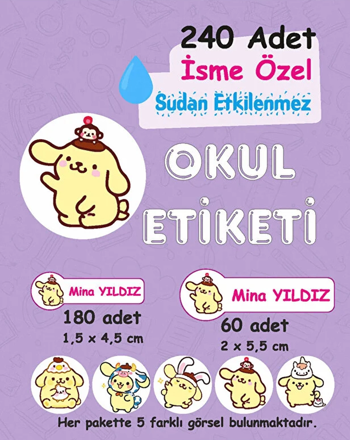 Pompompurin Kişiye Özel Sudan Etkilenmeyen Okul Etiketi