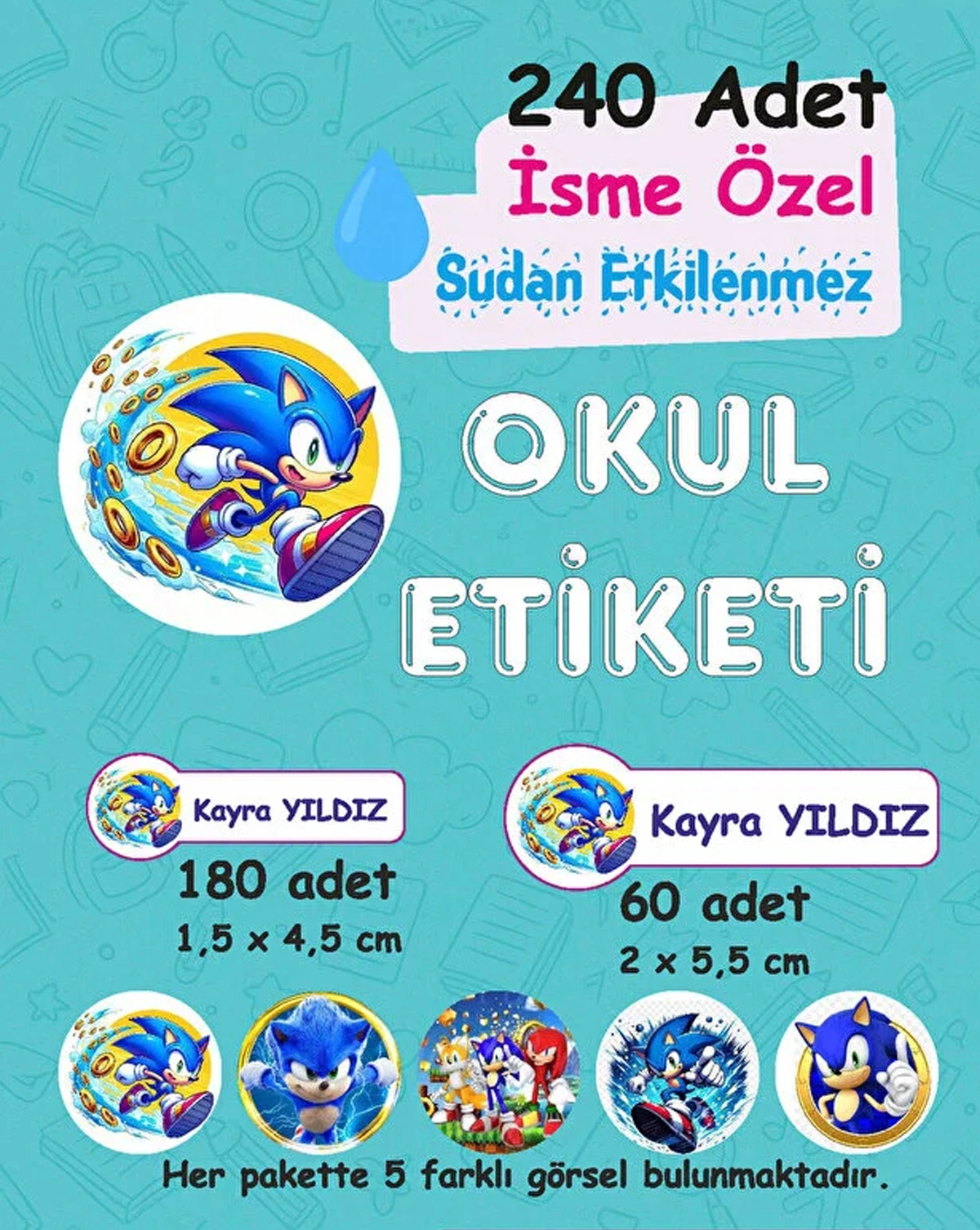 Sonic Kişiye Özel Sudan Etkilenmeyen Okul Etiketi