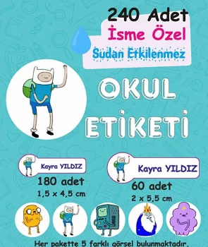 Adventure Time Kişiye Özel Sudan Etkilenmeyen Okul Etiketi