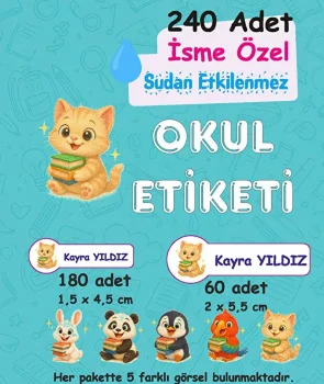 Panda ve Arkadaşları Kişiye Özel Sudan Etkilenmeyen Okul Etiketi