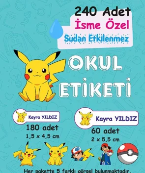 Pikachu Kişiye Özel Sudan Etkilenmeyen Okul Etiketi