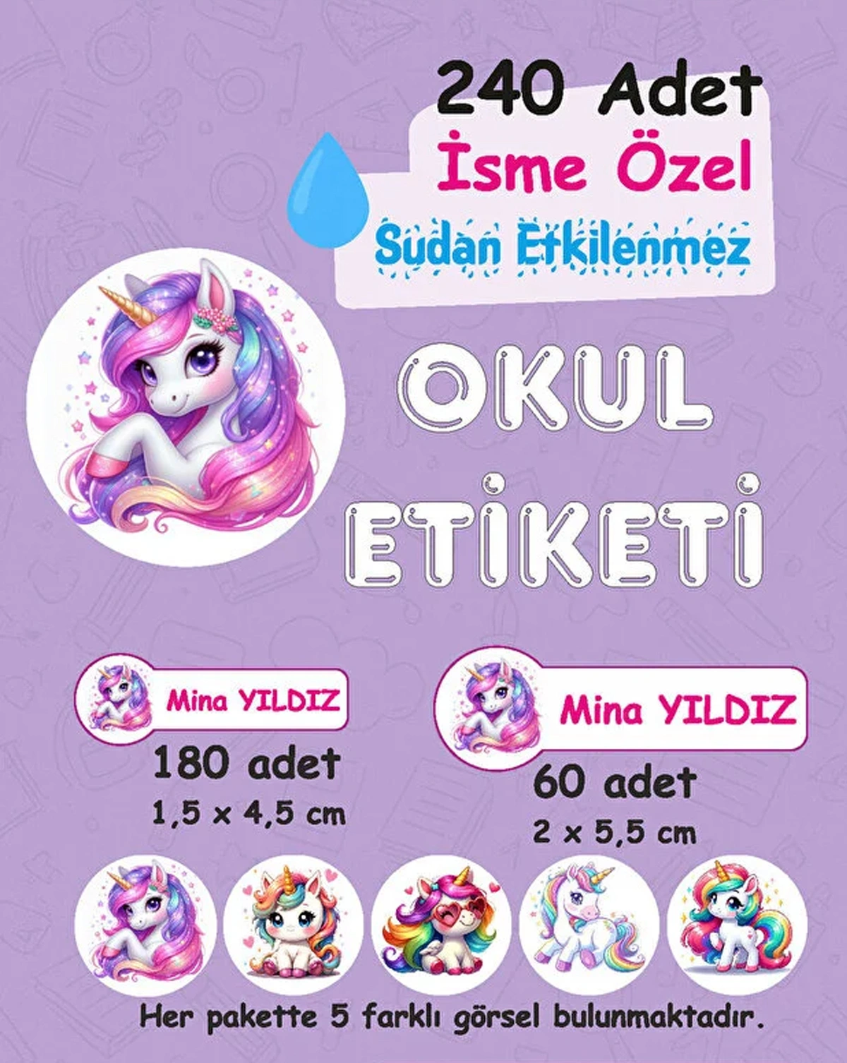 Unicorn Kişiye Özel Sudan Etkilenmeyen Okul Etiketi