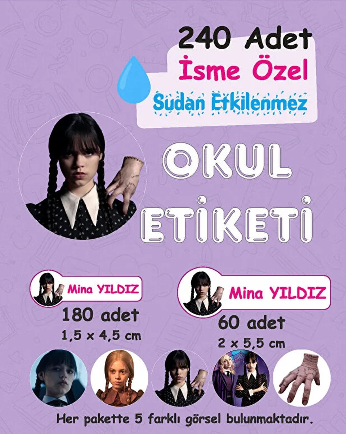 Wednesday Kişiye Özel Sudan Etkilenmeyen Okul Etiketi